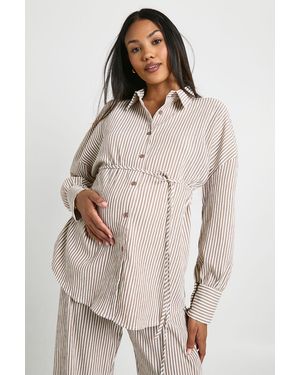 Boohoo Maternity Tie Waist Stripe Shirt - Natural