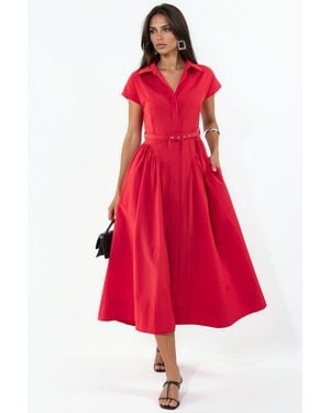 Busem Midi-Jurk Met Ceintuur En Overhemdkraag - Rood