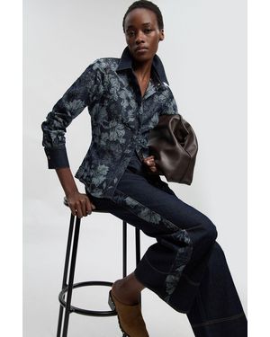 Karen Millen Petite Denim & Jacquard Contrast Wide Leg Jean - Black