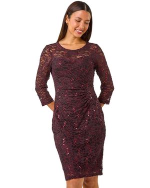 Roman Sequin Lace Ruched Stretch Dress - Red