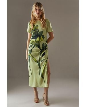 Warehouse Placement Print Crinkle Satin Ruched Midi Dress - Green