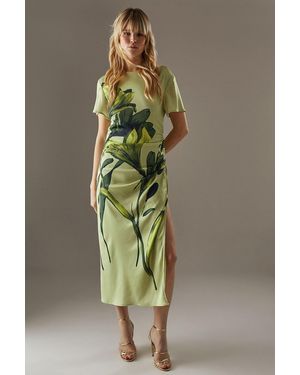 Warehouse Placement Print Crinkle Satin Ruched Midi Dress - Green