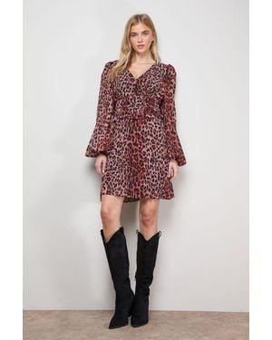 Oasis Printed Pleated Skirt Long Sleeve Mini Dress - Red