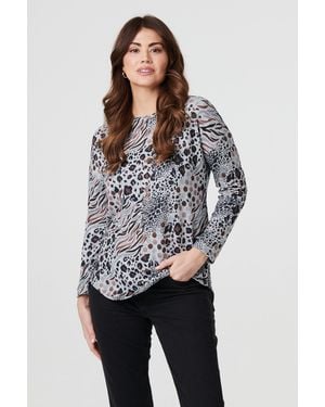 Izabel London Animal Print Curve Hem Relaxed Top - Grey