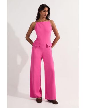 Karen Millen Compact Stretch Stab Stitch Square Neck Tailored Wide Leg Jumpsuit - Pink