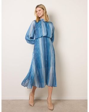 Blue Vanilla Zig Zag Metallic High Neck Puffball Pleated Dress - Blue