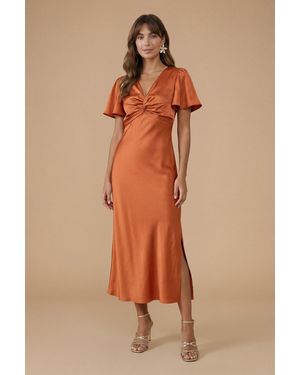 Oasis Satin Twist Front Angel Sleeve Midi Bridesmaid Dress - Brown