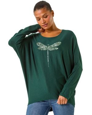 Roman Dragonfly Print Sequin Knitted Stretch Top - Green