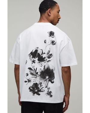 BoohooMAN Oversized Mono Floral Graphic T-Shirt - Grey