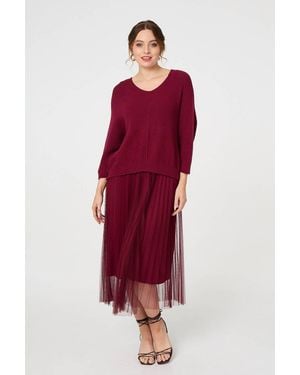 Izabel London Layered Knit Top Mesh Pleated Midi Dress