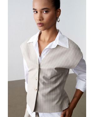 Dilvin Striped V-Neck Woven Waistcoat - Grey