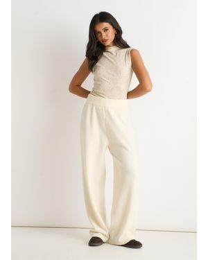Gini London Off Knitted Pull On Wide Leg Trousers - Natural