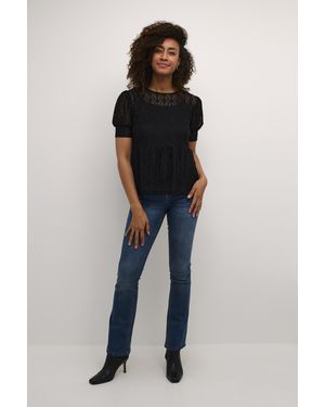 Cream Blouse With Short Sleeve Feminine Silhouette - Blue