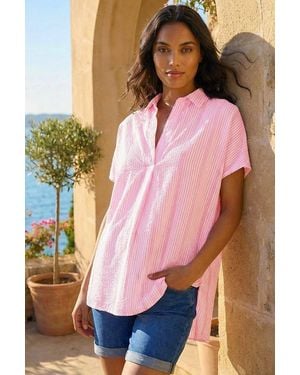Roman Stripe Pleated Neck Top - Pink