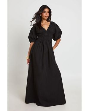 Boohoo Cotton Poplin Shirred Bodice V Neck Puff Sleeve Maxi Dress - Black