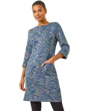 Roman Paisley Print Pocket Shift Stretch Dress - Blue