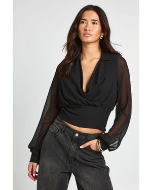 Boohoo Loose Fit Chiffon Wrap Blouse - Black
