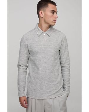 BoohooMAN Slim Fit Heavyweight Pique Zip Neck Long Sleeve Polo - Grey
