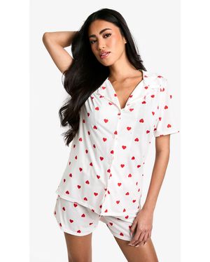 Boohoo Heart Print Short Sleeve Shirt & Shorts Pyjama Set - White