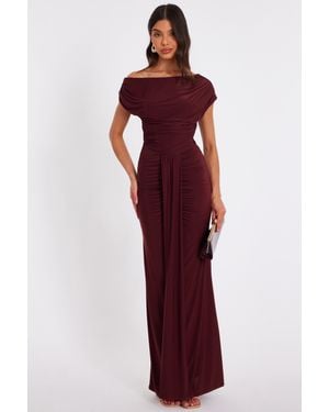 Quiz Burgundy Off Shoulder Ruched Maxi Dress - Red