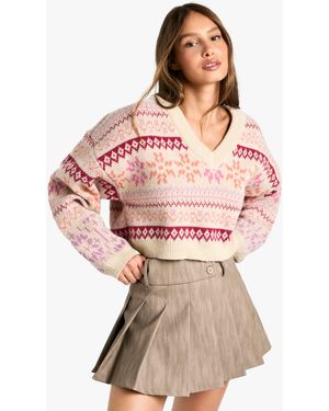 Boohoo Premium Fairisle V Neck Knitted Jumper - Pink