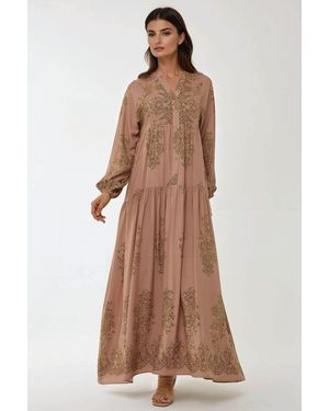 Hiccup Printed Viscon Maxi Dress With Shirt Collar - Brown