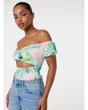 Pink Vanilla Tropical Bardot Cut-Out Bodysuit - Blue