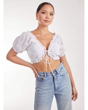 Pink Vanilla Broderie Puff Sleeve Tie Top - White