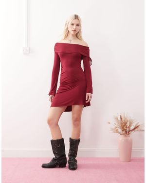 Collusion Off Shoulder Long Sleeve Mini Dress - Pink