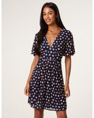 Blue Vanilla Ditsy Floral V Neck Tie Back Mini Dress - Blue