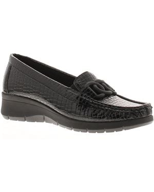 Comfisole Shoes Curve Slip On Croc Effect Loafer Wedges Patent - Black