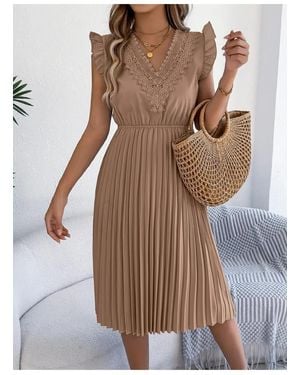 Everyday the Label Lace Detail Ruffled Cap Sleeve Pleated Dress - Brown