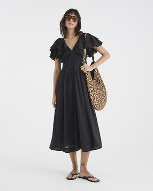 River Island Midi Dress Premium Flutter V-Neck Cotton - Black