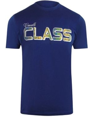 Roberto Cavalli Vibrant Floral Logo T-Shirt Cotton - Blue
