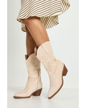 Boohoo Faux Suede Tab Detail Calf High Western Boots - Natural