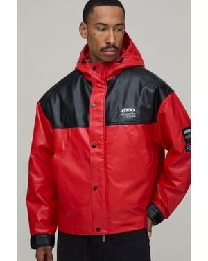 BoohooMAN Oversized Boxy Pu Colour Block Parka - Red