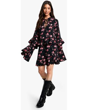 Boohoo Floral Printed Long Sleeve Keyhole Detail Skater Dress - Black