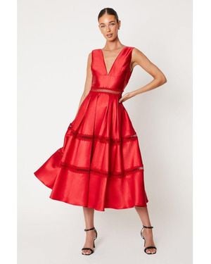 Coast Plunge Neck Twill Midi Dress With Lace Trims - Red