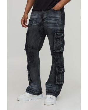 BoohooMAN Crease Wash Slim Flare Cargo Jeans - Blue