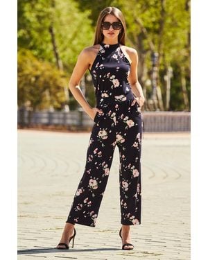 Sosandar Floral Print Halter Neck Jumpsuit Viscose - Black