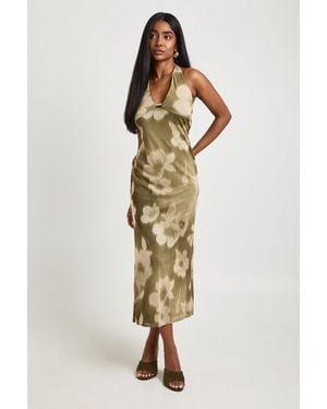 Boohoo Floral Printed Mesh Plunge Front Beaded Midaxi Dress - Green