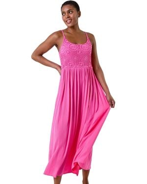 Roman Lace Bodice Shirred Midi Dress - Pink