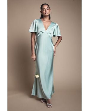 Oasis Deep V Fluted Sleeve Maxi Bridesmaid Dress - Green