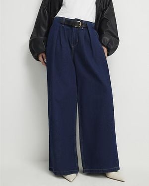 River Island Wide Leg Jeans Petite Belted Pleated Cotton - Blue