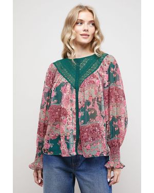 Oasis Printed Lace Yoke Balloon Sleeve Boho Blouse - Multicolour