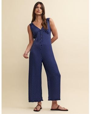 Nobody's Child Nobodys V-Neck Polka Dot Sleeveless Jumpsuit - Blue