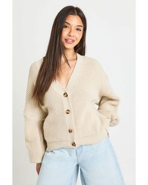 Boohoo Balloon Sleeve Button Through Rib Cardigan - Natural