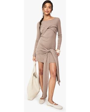 Boohoo Brushed Rib Tie Long Sleeve Mini Dress - Natural