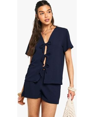 Boohoo Rib Tie Front Short Sleeve Top And Set - Blue
