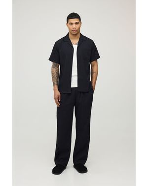 BoohooMAN Regular Fit Deep Revere Irregular Pleat Shirt And Trouser Set - Blue